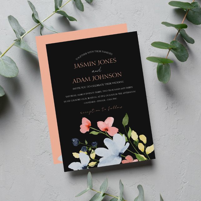 Elegant Boho Black Background Pink Floral Wedding Invitation (Creator Uploaded)