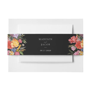 Elegant Boho Black Dutch Floral Wedding Invitation Belly Band