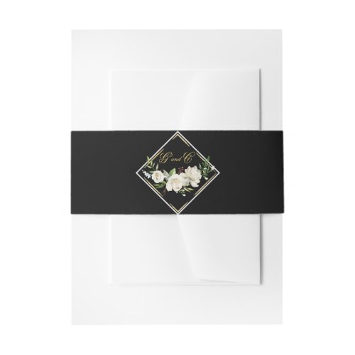 Elegant Boho Black Floral Gold Wedding Monogram Invitation Belly Band