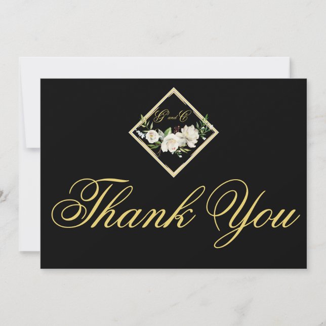 Elegant Boho Black Floral Gold Wedding Monogram Thank You Card (Front)