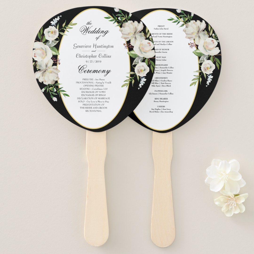 Elegant Boho Black Floral Wedding Ceremony Hand Fan | Zazzle