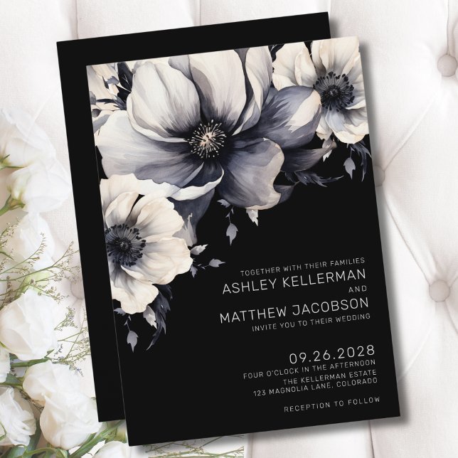 Elegant Boho Black Floral Wedding Invitation (Modern Elegant Black Floral Wedding Invitation)