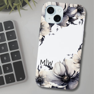 Elegant Boho Black White Floral Monogram iPhone 15 Case