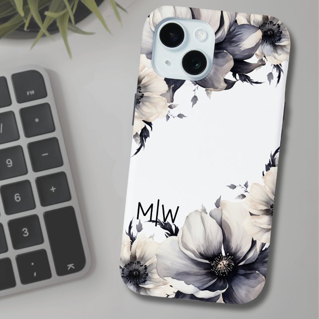 Elegant Boho Black White Floral Monogram Case-Mate iPhone Case (Elegant Modern Floral Black White Initial Monogram Case-Mate iPhone Case)