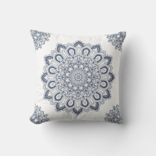 Elegant Boho Blue and White Mandala Throw Pillow