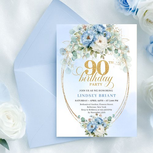 Elegant Boho Blue Floral 90th Birthday Invitation