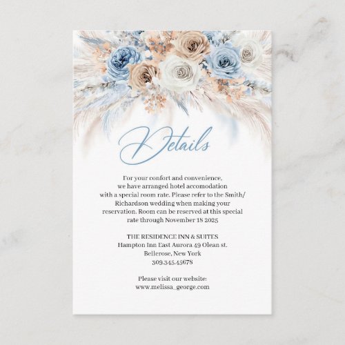 Elegant boho blue floral and ivory roses pampas enclosure card