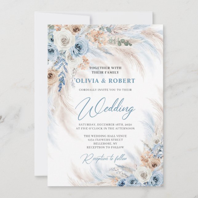 Elegant boho blue floral and ivory roses pampas invitation (Front)