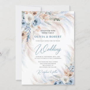 Elegant boho blue floral and ivory roses pampas invitation