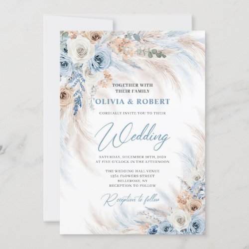Elegant boho blue floral and ivory roses pampas invitation