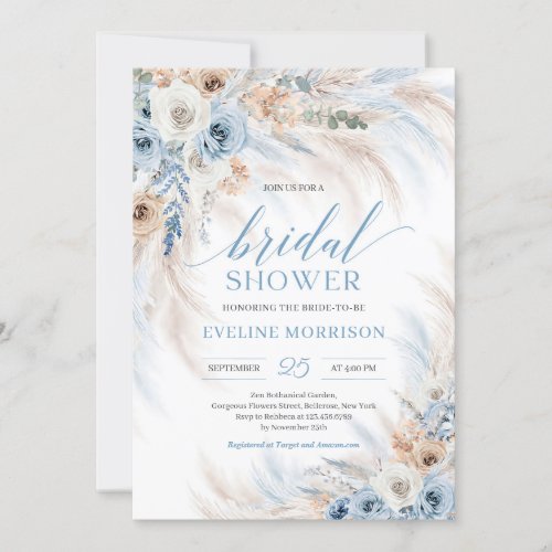 Elegant boho blue floral and ivory roses pampas invitation