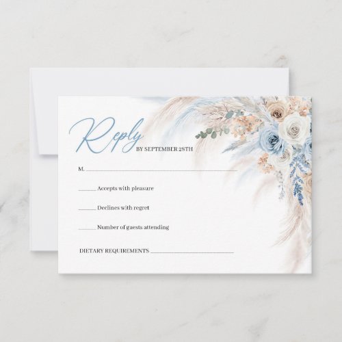 Elegant boho blue floral and ivory roses pampas RSVP card