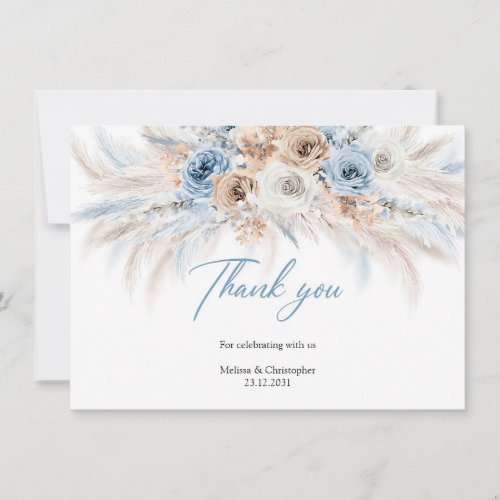 Elegant boho blue floral and ivory roses pampas thank you card