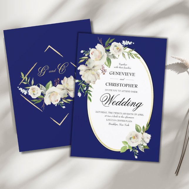 Elegant Boho Blue Floral Gold Wedding Invitation (ELEGANT CLASSY BLUE BOHO WHITE ROSE FLORAL WEDDING INVITATION)
