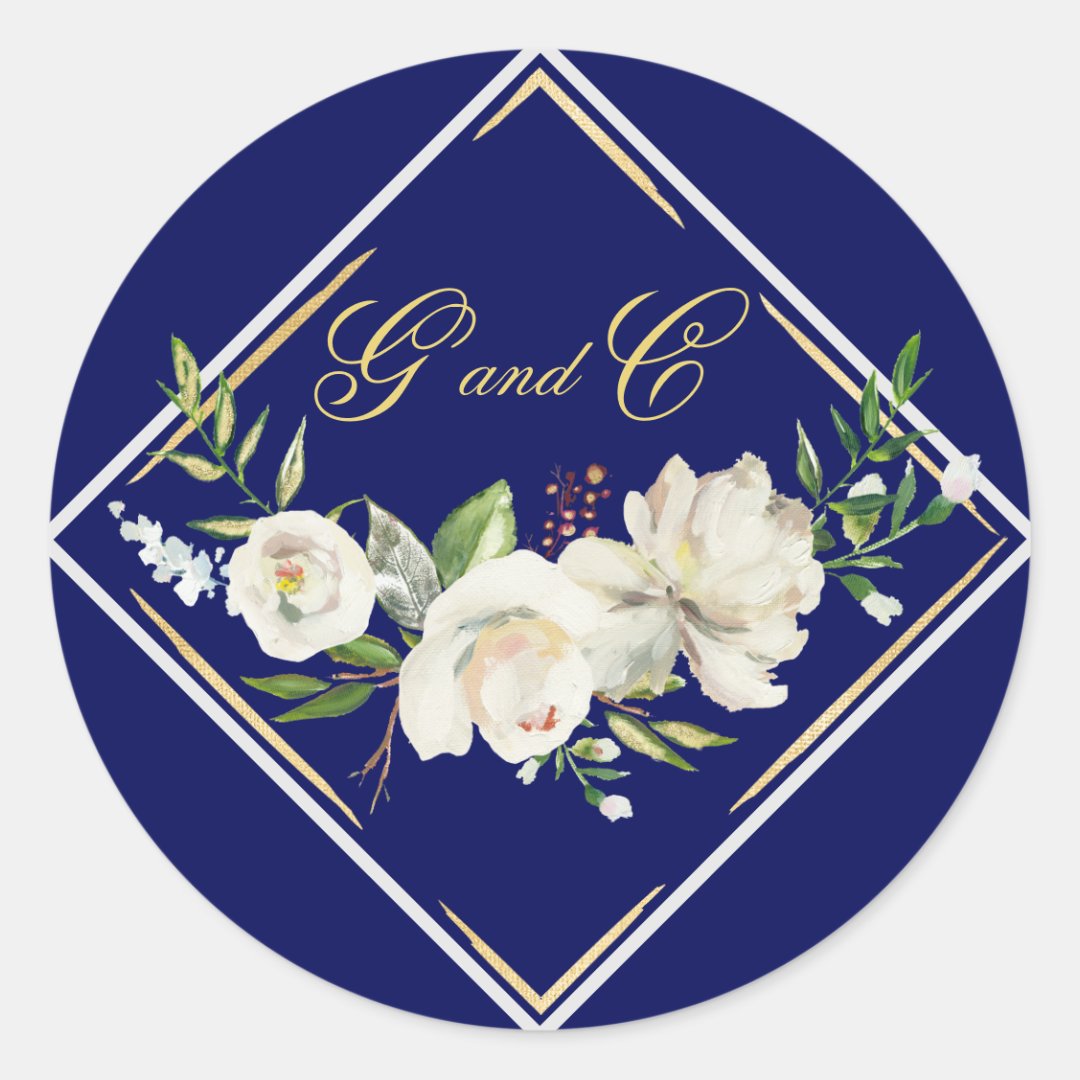 Elegant Boho Blue Floral Gold Wedding Monogram Classic Round Sticker ...