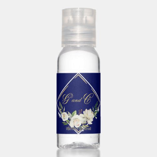 Elegant Boho Blue Floral Gold Wedding Monogram Hand Sanitizer