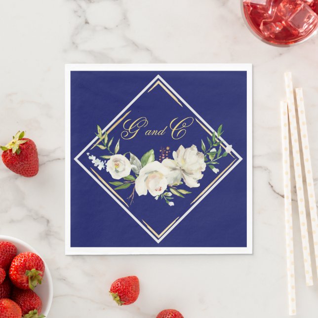 Elegant Boho Blue Floral Gold Wedding Monogram Napkins (Insitu)