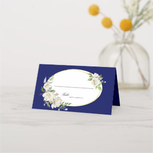 Elegant Boho Blue Floral Gold Wedding Monogram Place Card