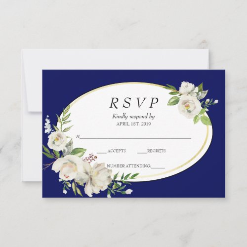 Elegant Boho Blue Floral Gold Wedding RSVP