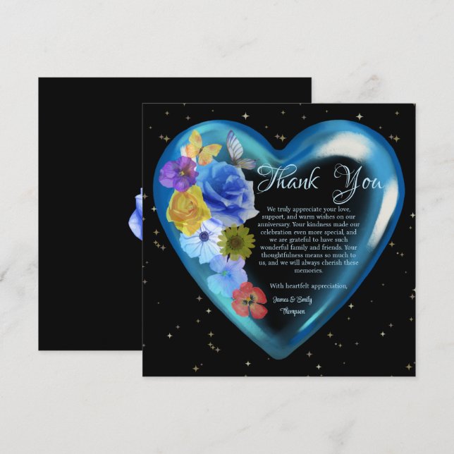 Elegant Boho Blue Floral Heart Wedding Anniversary Thank You Card (Front/Back)