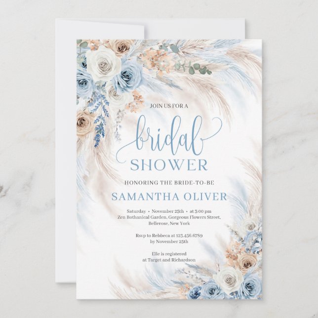 Elegant boho blue floral ivory roses pampas grass invitation (Front)