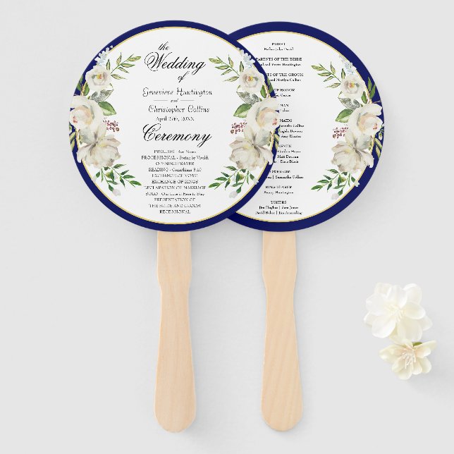 Elegant Boho Blue Floral Wedding Ceremony Hand Fan (Front and Back)