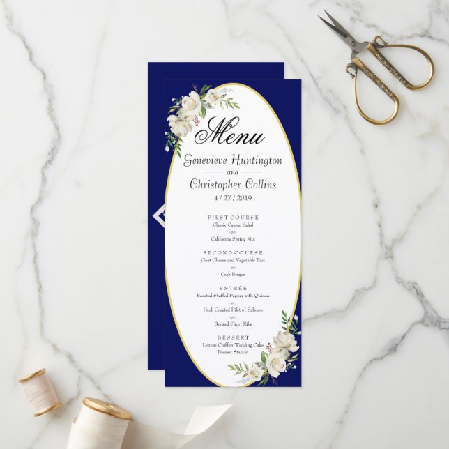 Elegant Boho Blue Floral Wedding Reception Menu (Front/Back In Situ)