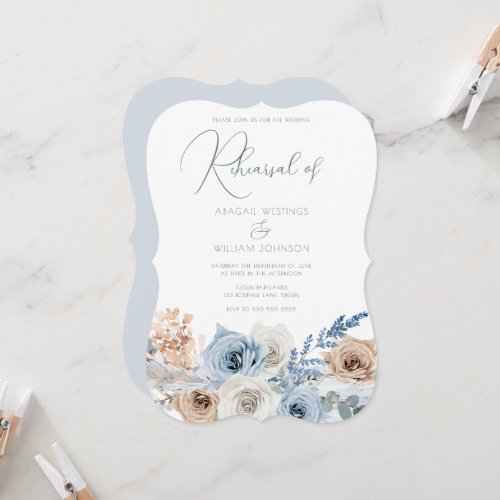 Elegant Boho Blue Floral Wedding Rehearsal Dinner Invitation