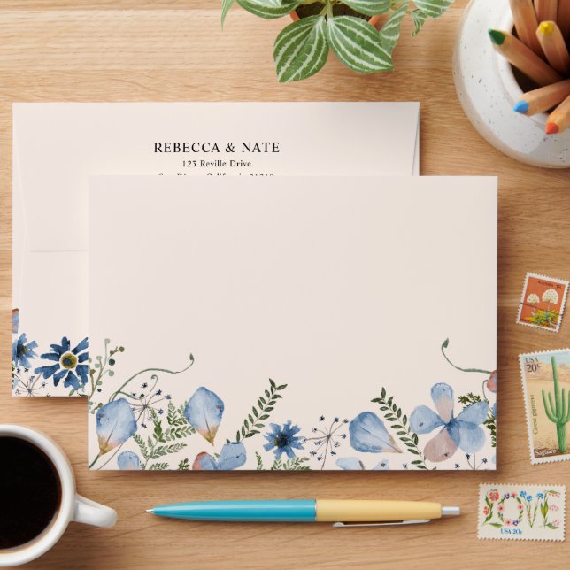 Elegant Boho Blue Florals 5x7 Card Envelope (Desk)