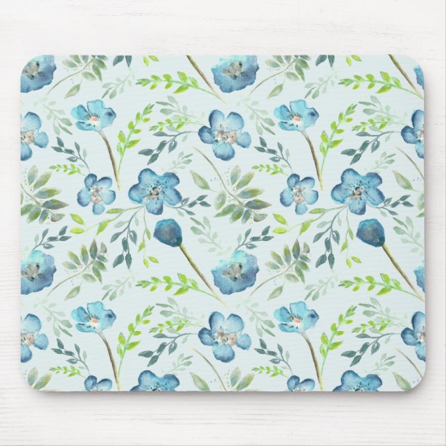 Elegant Boho Blue Green Watercolor Flowers Mouse Pad (Front)