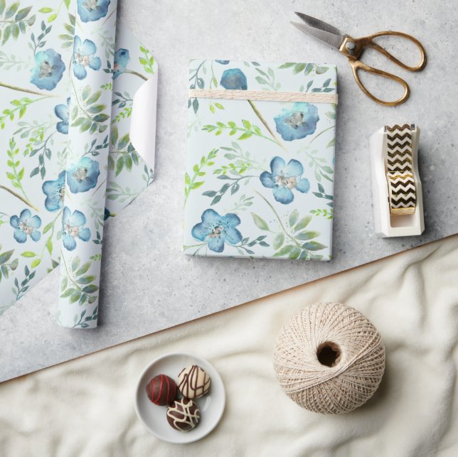Elegant Boho Blue Green Watercolor Flowers Wrapping Paper (Crafts)