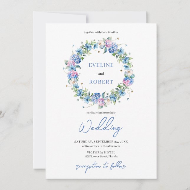 Elegant Boho blue hydrangea wreath floral Invitation (Front)