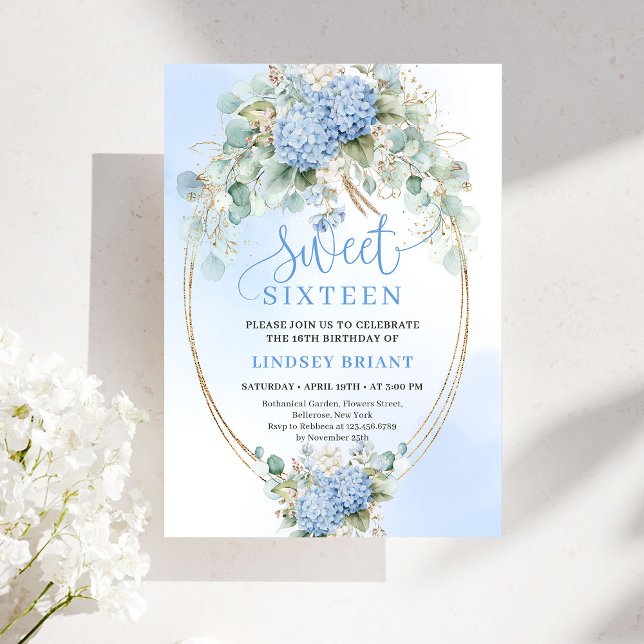 Elegant Boho Blue Hydrangeas Sweet Sixteen Invite (Elegant Boho Blue Hydrangeas Sweet Sixteen Invite)