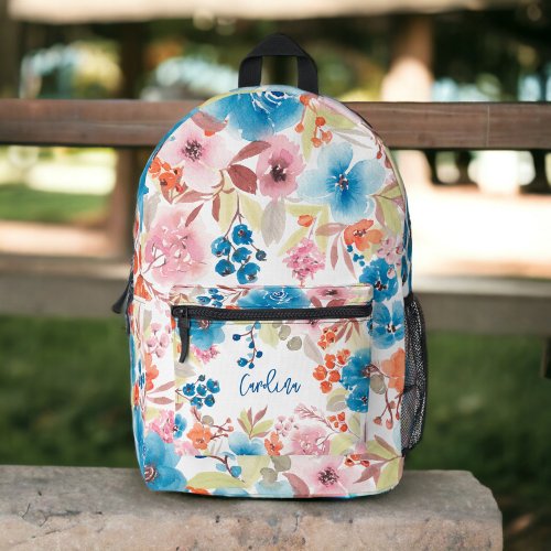 Elegant boho blue pink floral watercolor name printed backpack
