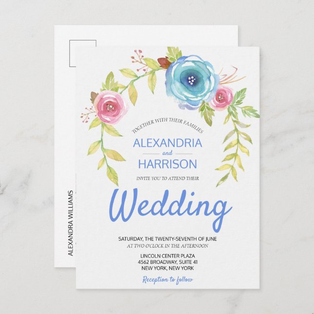 Elegant Boho Blue Rose Floral Arch Wedding Invite (Front/Back)