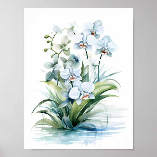 Elegant Boho Blue Watercolor Orchids Poster