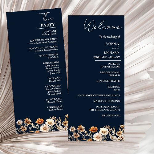 Elegant Boho Blue Wildflower Wedding Program Card