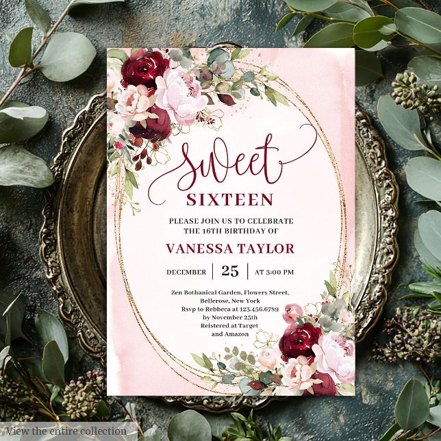 Elegant Boho Blush Burgundy Floral Sweet Sixteen  Invitation (Elegant Boho Blush Burgundy Floral Sweet Sixteen Invite

)