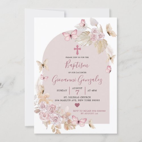 Elegant Boho Blush Butterfly Baptism Invitation