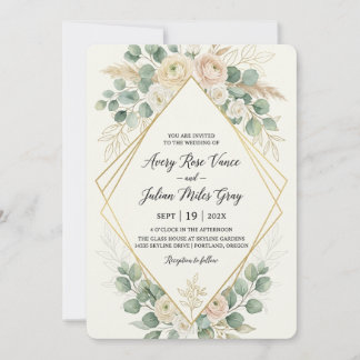 Elegant Boho Blush Floral Gold Geometric Wedding I Invitation