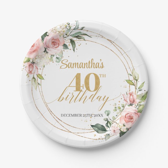 Elegant boho blush floral gold glitter birthday paper plates (Front)