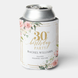 Elegant boho blush floral gold glitter sage 30th can cooler