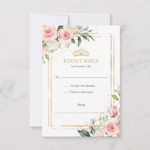 Elegant boho blush floral gold tiara Quinceanera RSVP Card