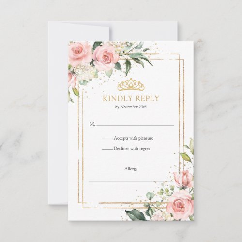 Elegant boho blush floral gold tiara Quinceanera  RSVP Card