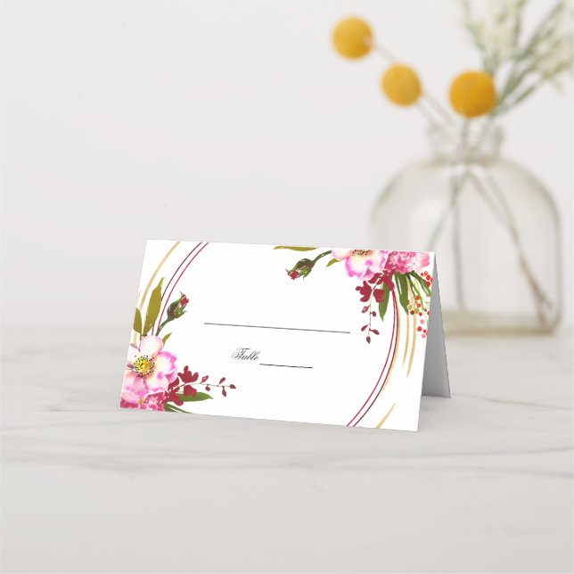 Elegant Boho Blush Floral Gold Wedding Monogram Place Card (Front)