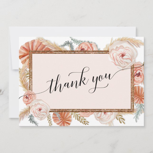 Elegant Boho Blush Floral Tropical Palm Pampas Thank You Card (Front)