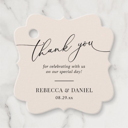 Elegant Boho Blush Monogram Wedding Thank You Favor Tags - Designed to coordinate with our Romantic Script wedding collection, this customizable tag, features a calligraphy graphic thank you, paired with a classy serif font in black. Matching items available.