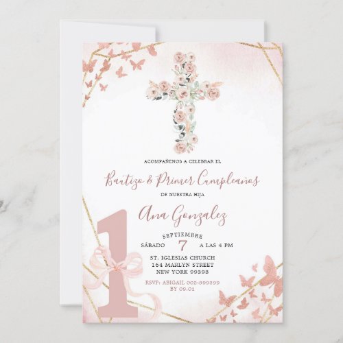 Elegant Boho Blush Pink Baptism  First Birthday Invitation