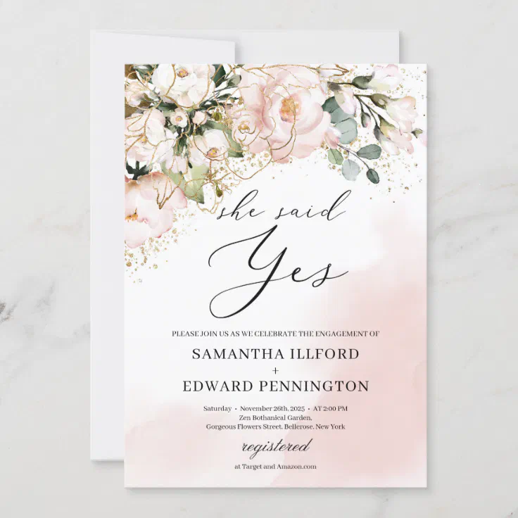 Elegant boho blush pink floral gold she said yes invitation | Zazzle