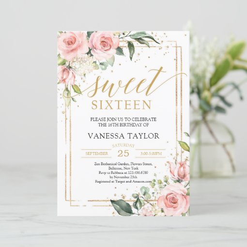 Elegant boho blush pink floral gold sweet sixteen invitation | Zazzle